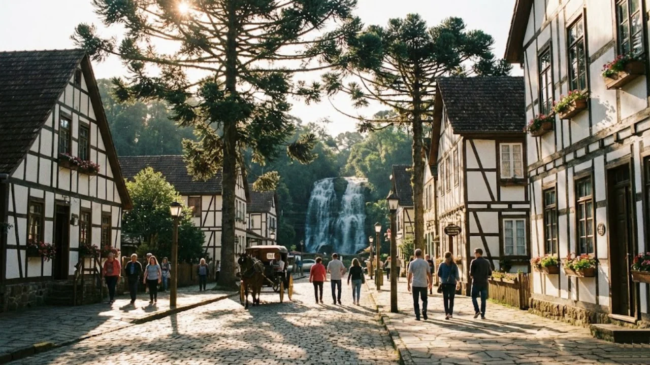 Rua arborizada em Ivoti, com árvores dos dois lados da via.